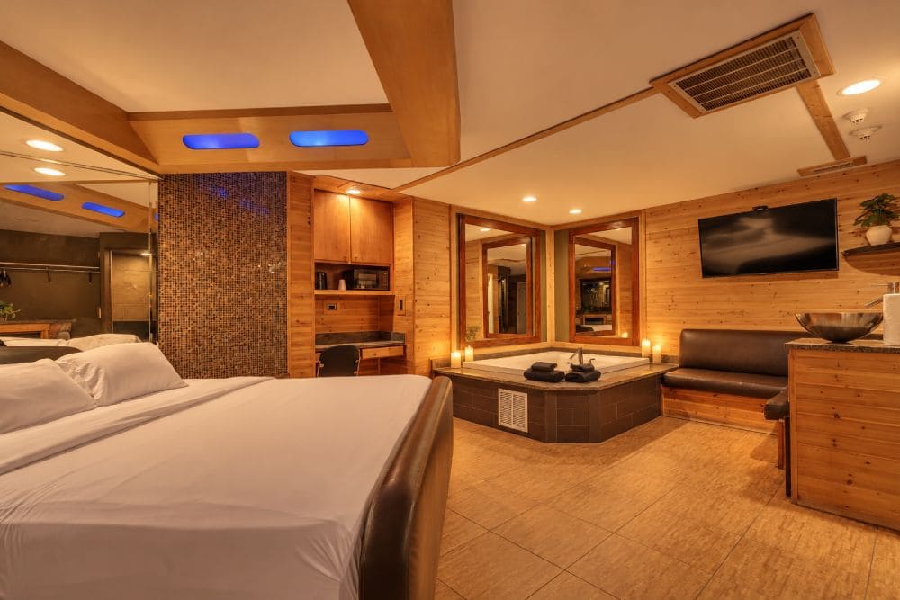 Boutique hotel suite in room whirlpool fireplace